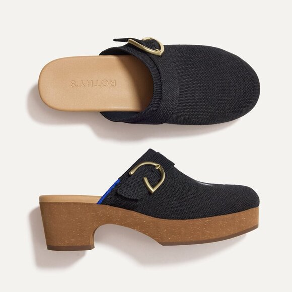 NWoB Rothy's The Classic Clogs Comfort Slid-On 2.5" Cork Heel Black Knit - Picture 3 of 9